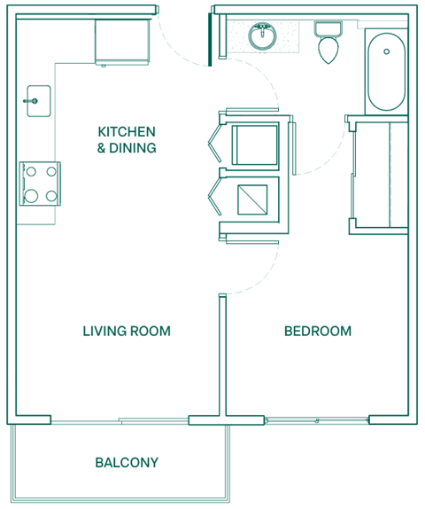 A floor plan of a small apartment with a kitchen, living room, bedroom, and balcony.